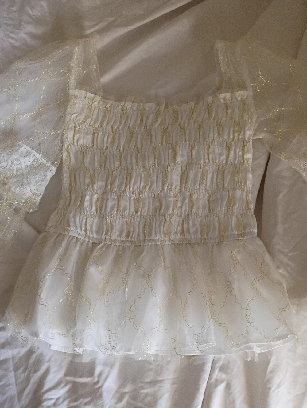 Sparkle White and Gold Elegant Top with Lace Sleeves